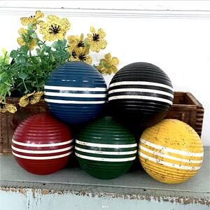 Vintage Croquet Balls Stripe Striped Band Banded Chippy Wood Farmhouse SET x5